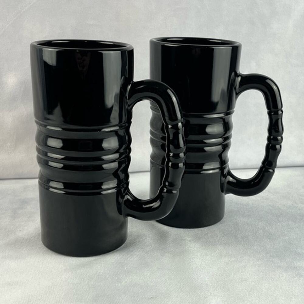 Vintage Tiara Black Milk Glass Tankard Mugs - Set of 2 - 1970s Art Deco
